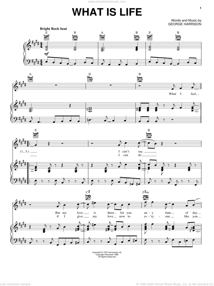 What Is Life sheet music for voice, piano or guitar by George Harrison, intermediate skill level