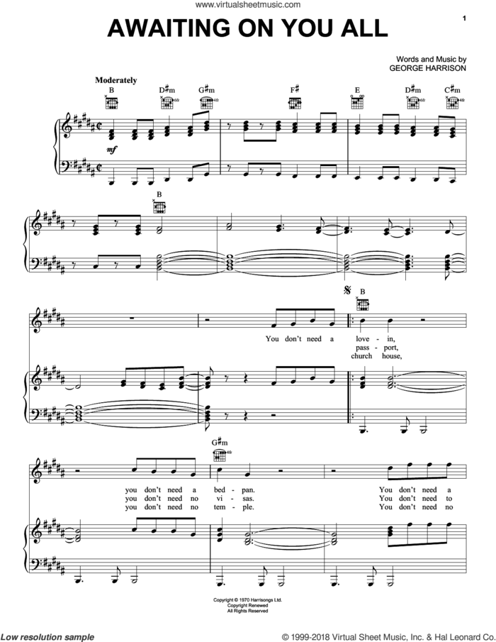 Awaiting On You All sheet music for voice, piano or guitar by George Harrison, intermediate skill level