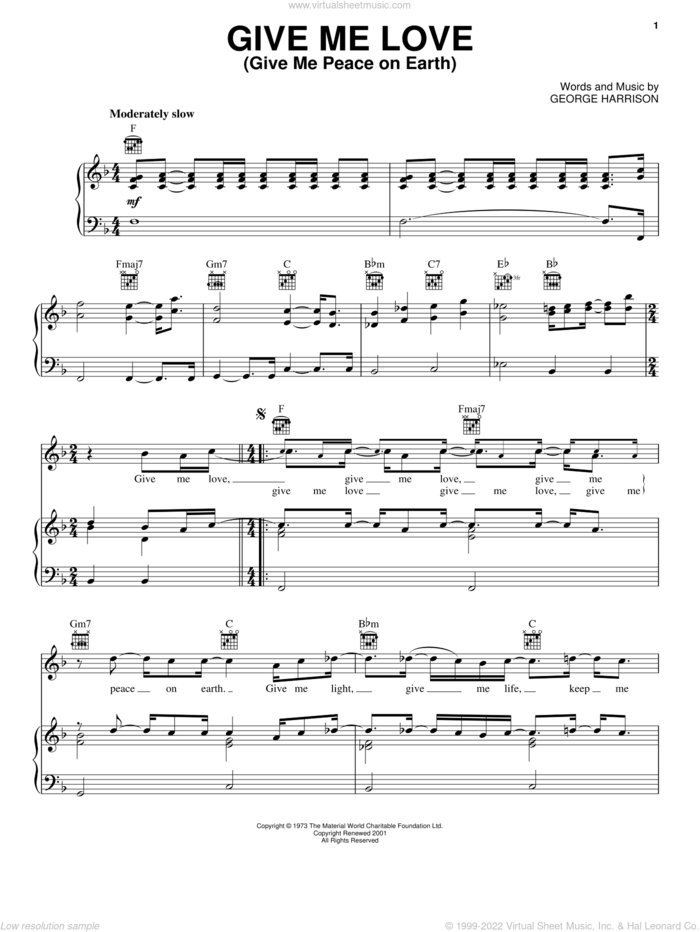 Give Me Love (Give Me Peace On Earth) sheet music for voice, piano or guitar by George Harrison, intermediate skill level