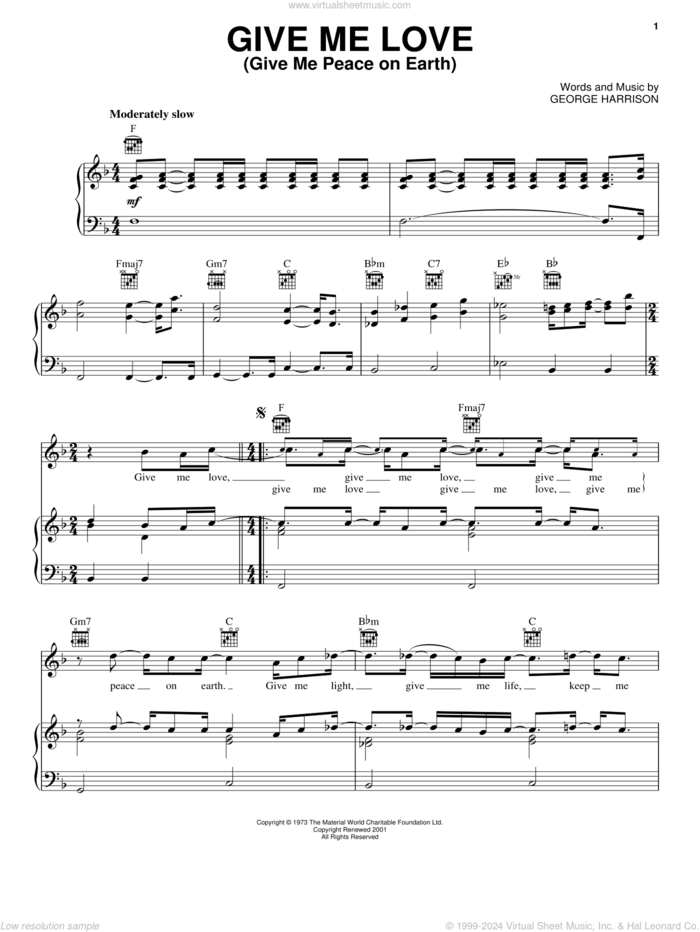 Give Me Love (Give Me Peace On Earth) sheet music for voice, piano or guitar by George Harrison, intermediate skill level