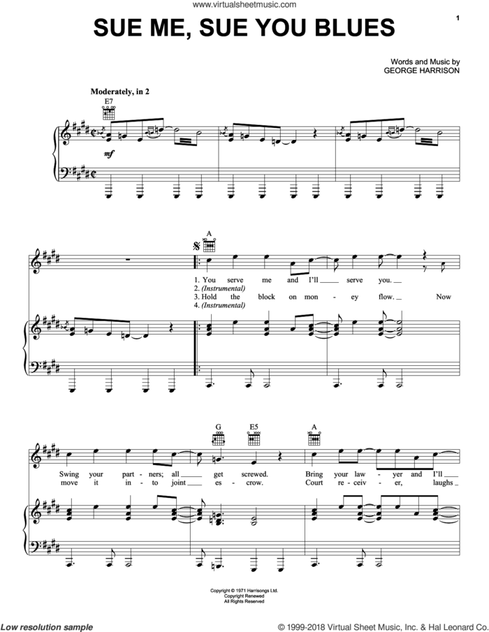 Sue Me, Sue You Blues sheet music for voice, piano or guitar by George Harrison, intermediate skill level