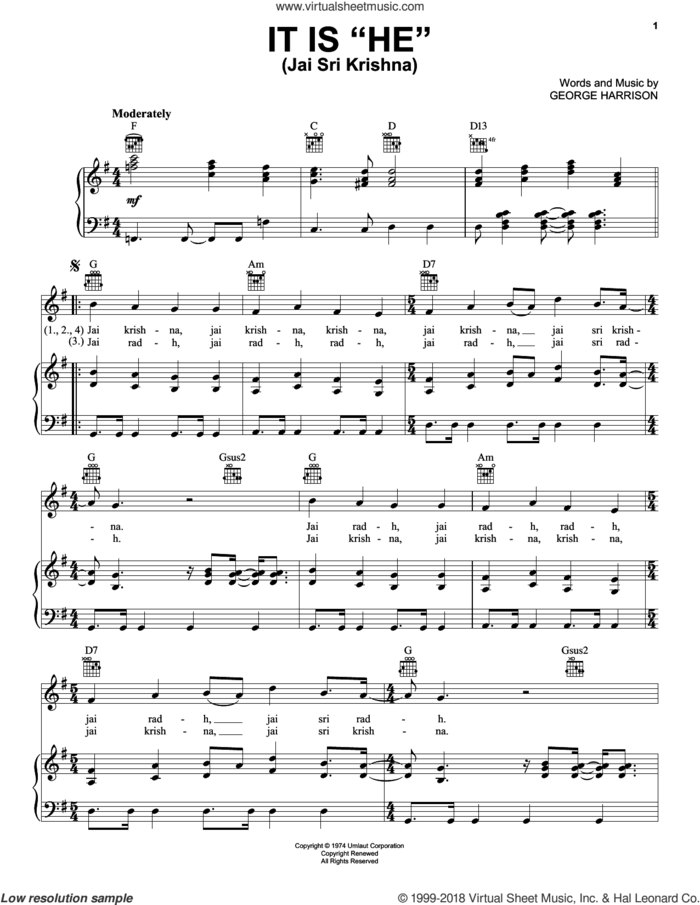 It Is 'He' (Jai Sri Krishna) sheet music for voice, piano or guitar by George Harrison, intermediate skill level