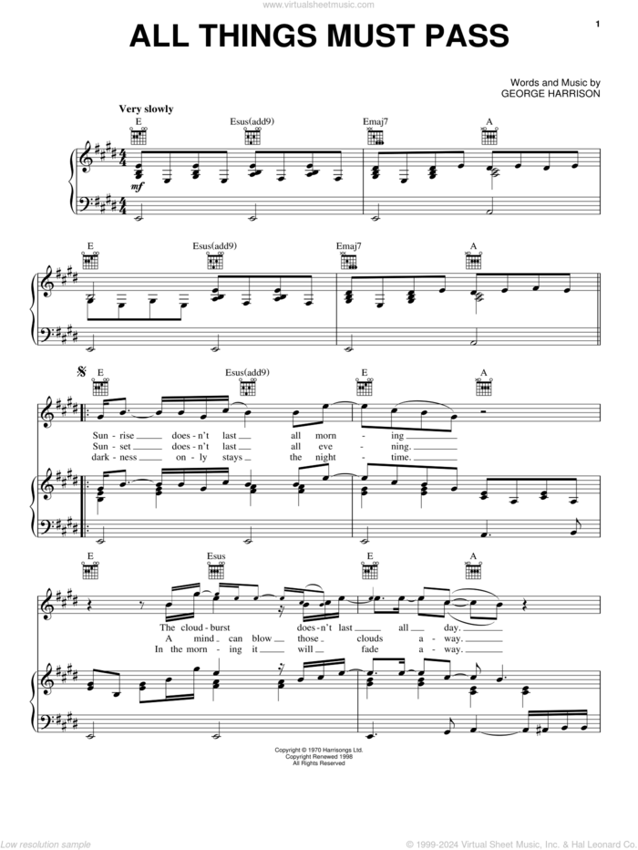 All Things Must Pass sheet music for voice, piano or guitar by George Harrison and The Beatles, intermediate skill level