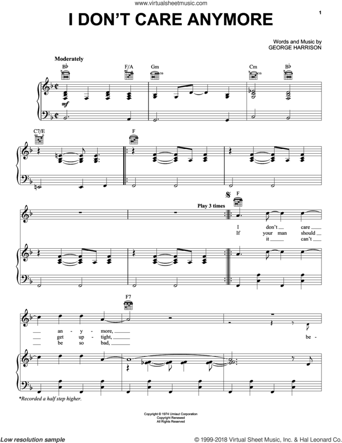 I Don't Care Anymore sheet music for voice, piano or guitar by George Harrison, intermediate skill level