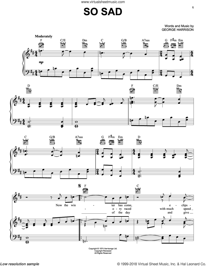 So Sad sheet music for voice, piano or guitar by George Harrison, intermediate skill level