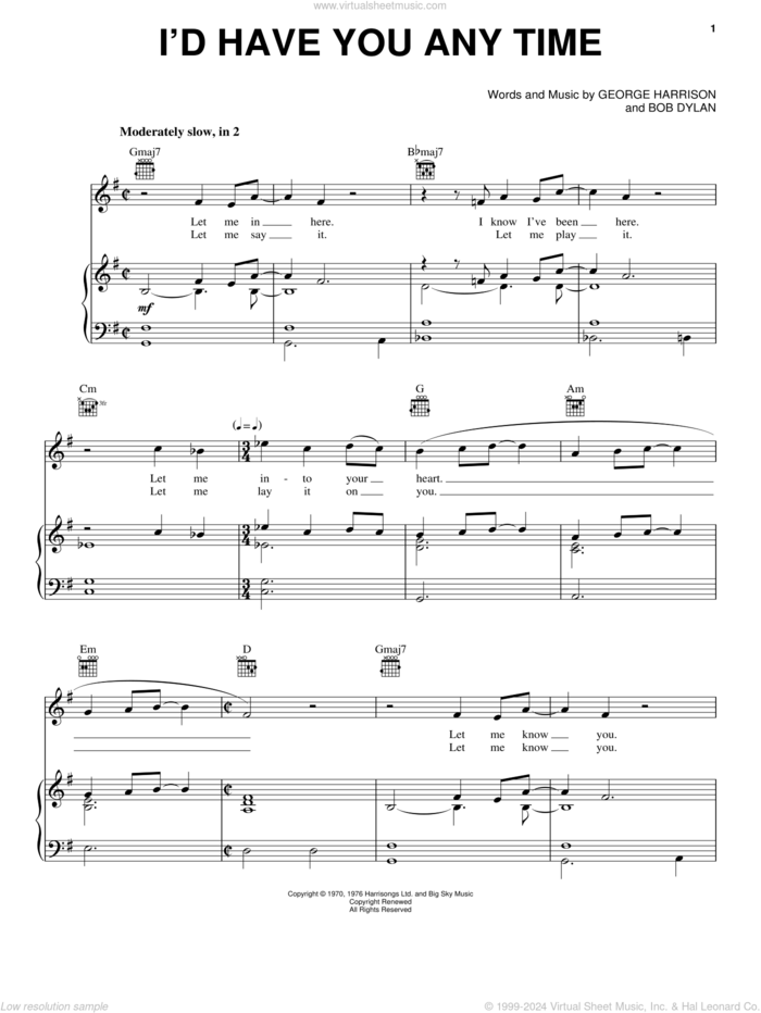 I'd Have You Any Time sheet music for voice, piano or guitar by George Harrison and Bob Dylan, intermediate skill level