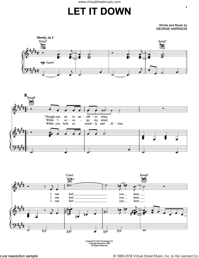 Let It Down sheet music for voice, piano or guitar by George Harrison, intermediate skill level