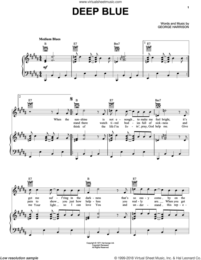 Deep Blue sheet music for voice, piano or guitar by George Harrison, intermediate skill level