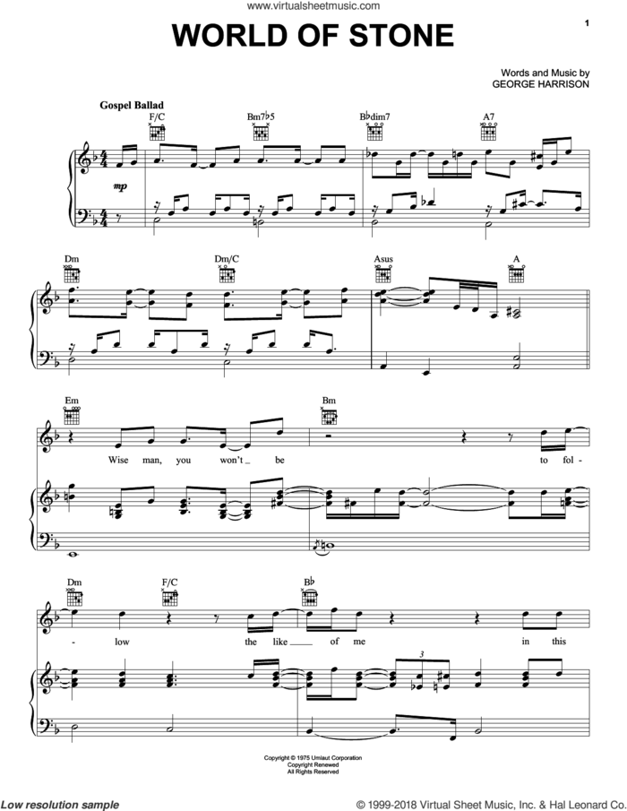 World Of Stone sheet music for voice, piano or guitar by George Harrison, intermediate skill level