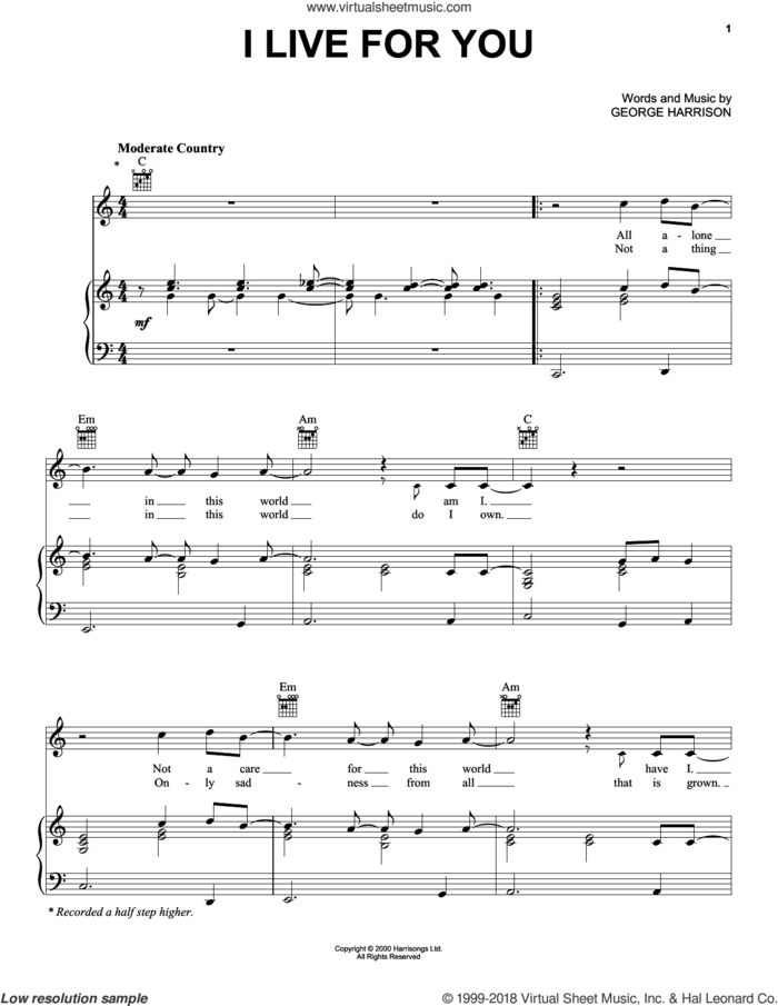 I Live For You sheet music for voice, piano or guitar by George Harrison, intermediate skill level