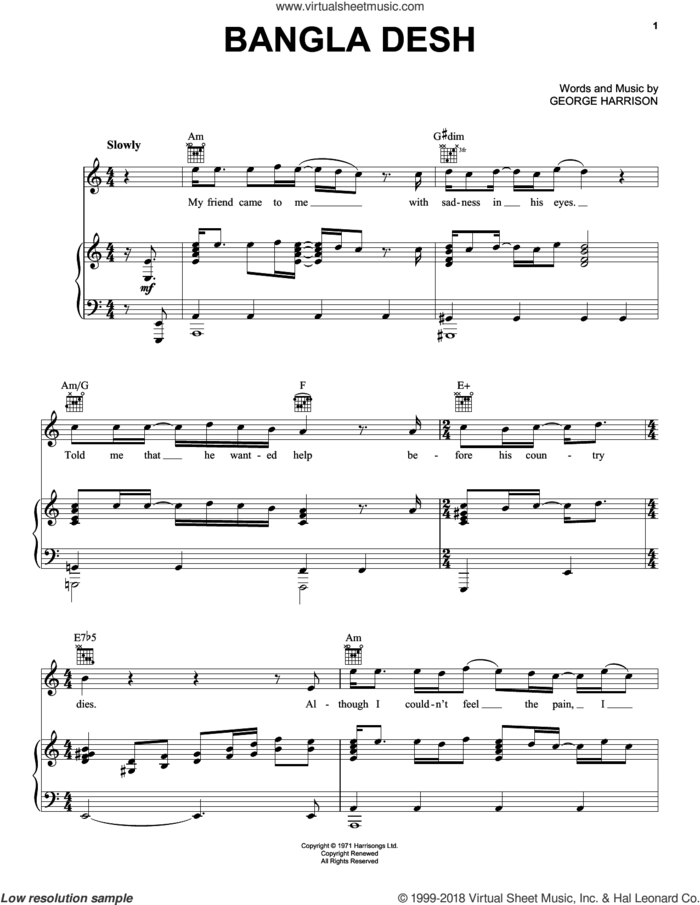Bangla Desh sheet music for voice, piano or guitar by George Harrison, intermediate skill level