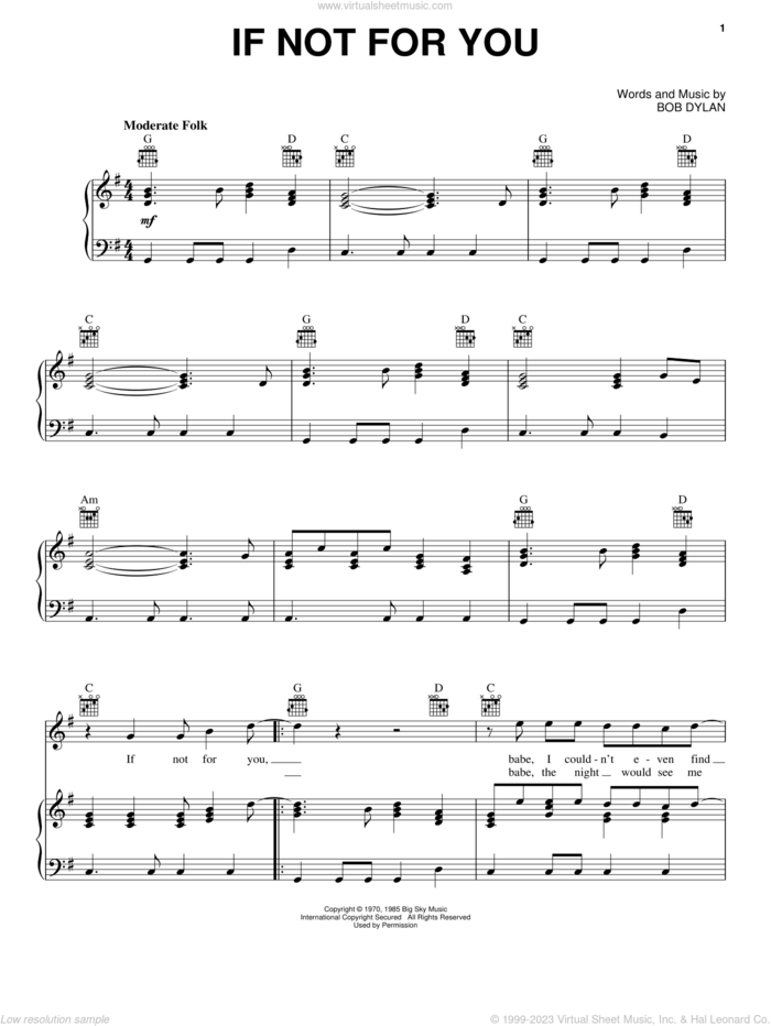 If Not For You sheet music for voice, piano or guitar by George Harrison and Bob Dylan, intermediate skill level