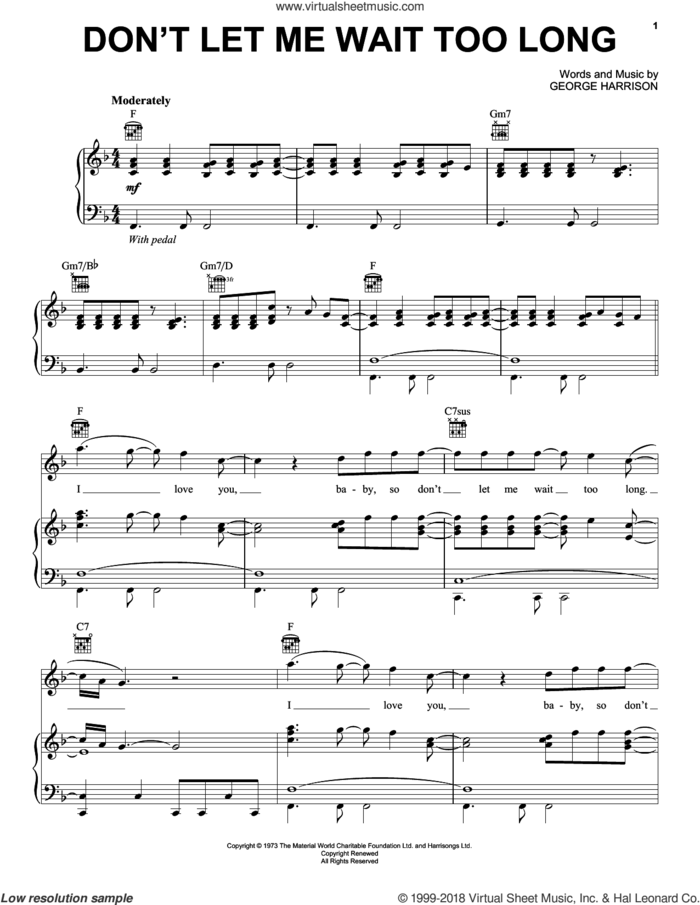 Don't Let Me Wait Too Long sheet music for voice, piano or guitar by George Harrison, intermediate skill level