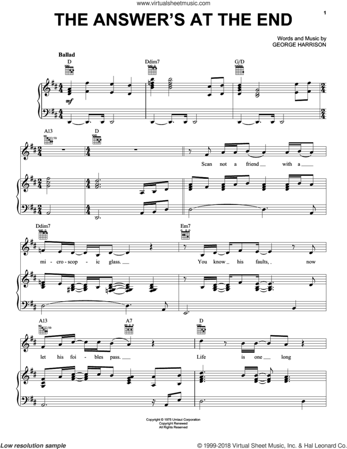 The Answer's At The End sheet music for voice, piano or guitar by George Harrison, intermediate skill level