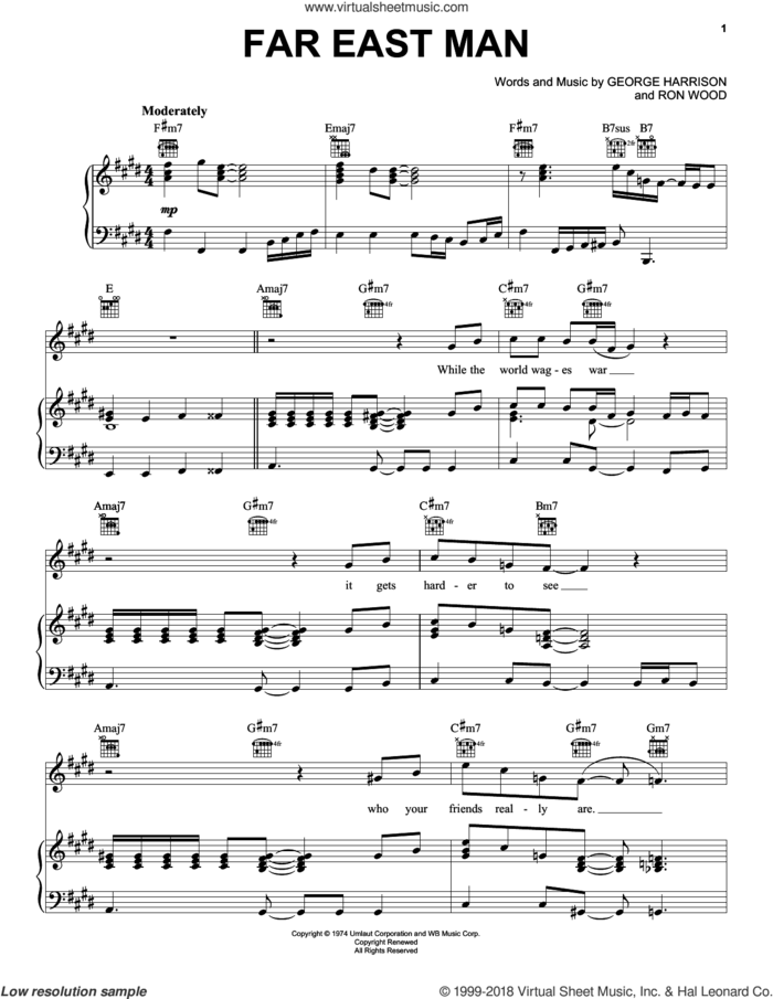 Far East Man sheet music for voice, piano or guitar by George Harrison and Ron Wood, intermediate skill level