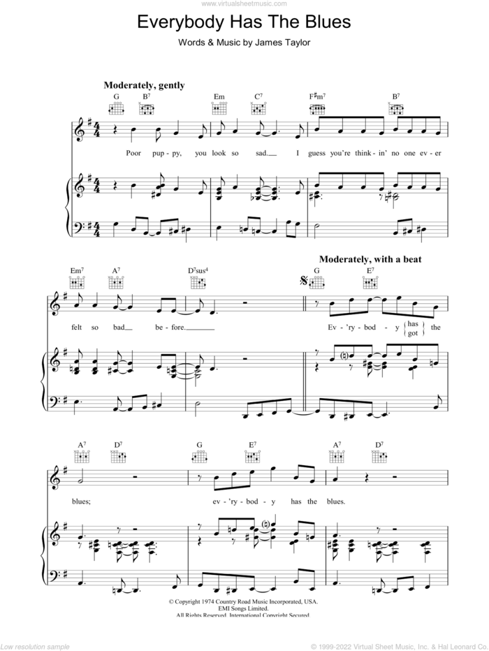 Everybody Has The Blues sheet music for voice, piano or guitar by James Taylor, intermediate skill level