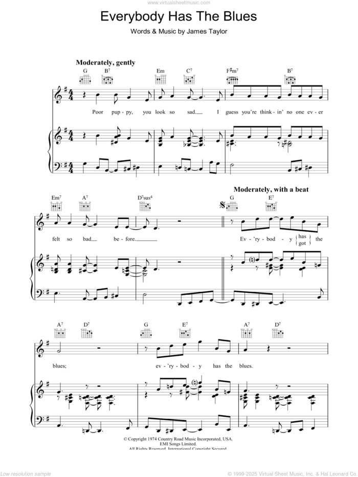 Everybody Has The Blues sheet music for voice, piano or guitar by James Taylor, intermediate skill level