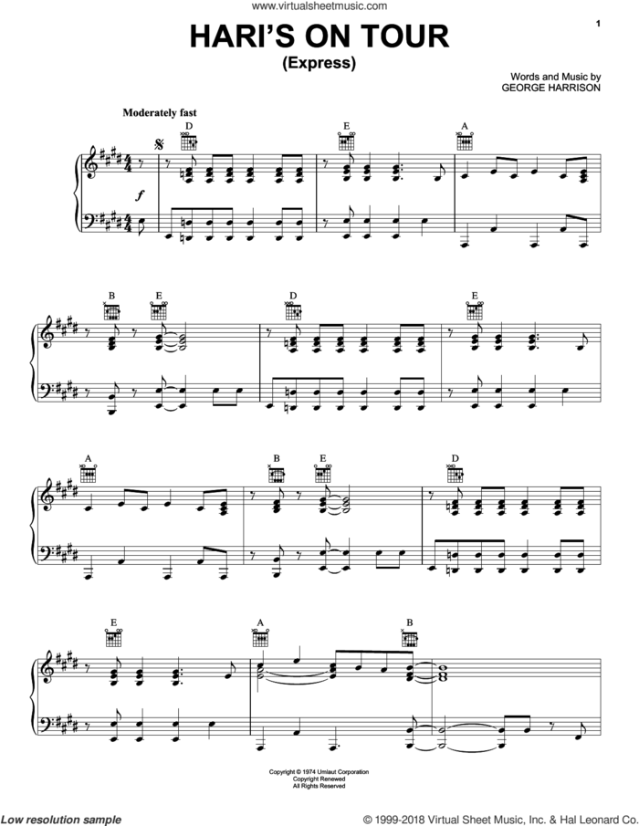 Hari's On Tour (Express) sheet music for piano solo by George Harrison, intermediate skill level