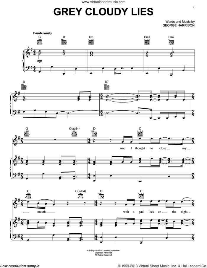 Grey Cloudy Lies sheet music for voice, piano or guitar by George Harrison, intermediate skill level