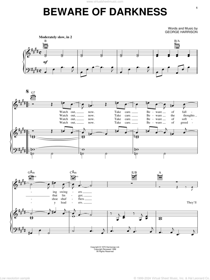 Beware Of Darkness sheet music for voice, piano or guitar by George Harrison and Eric Clapton, intermediate skill level