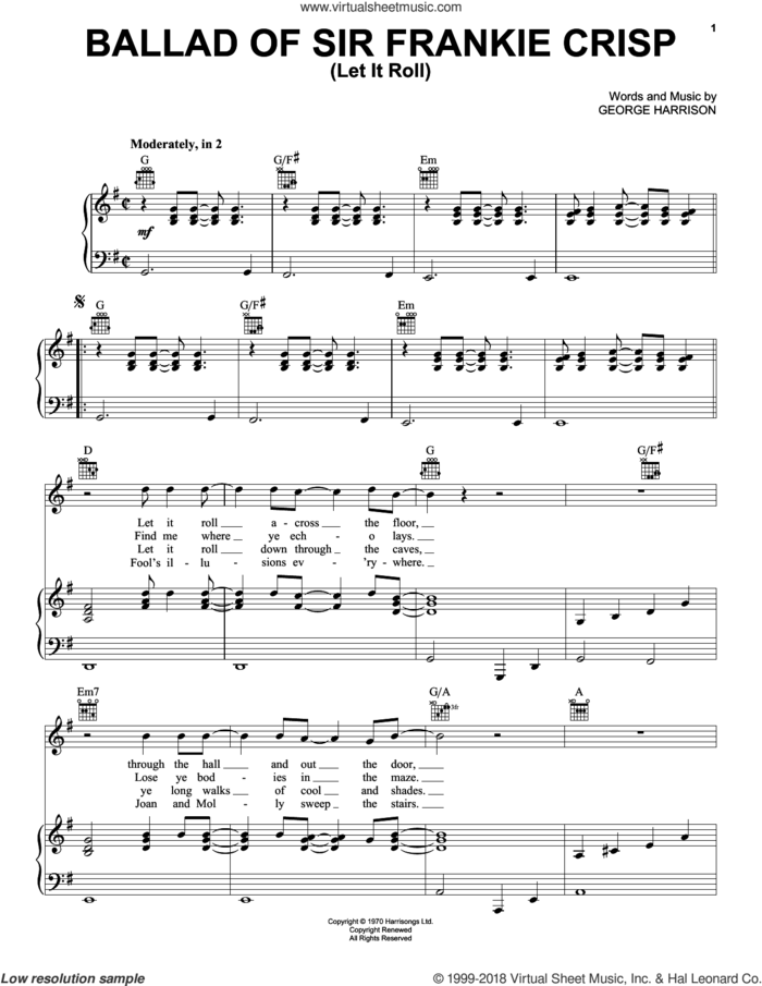 Ballad Of Sir Frankie Crisp (Let It Roll) sheet music for voice, piano or guitar by George Harrison, intermediate skill level