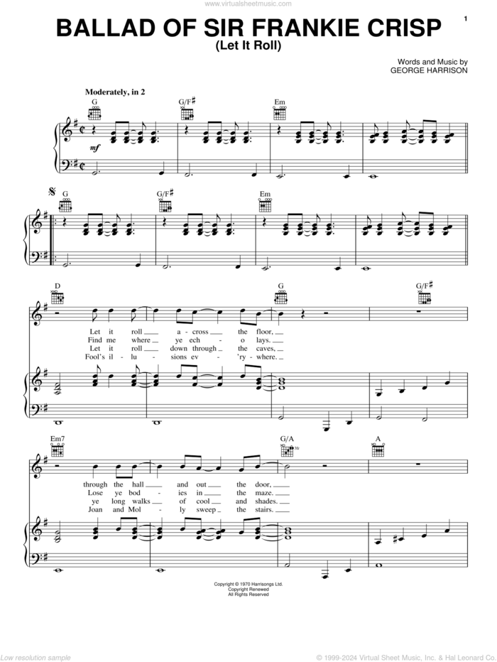 Ballad Of Sir Frankie Crisp (Let It Roll) sheet music for voice, piano or guitar by George Harrison, intermediate skill level