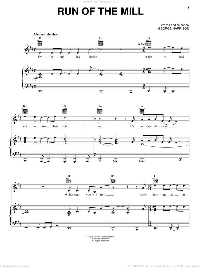 Run Of The Mill sheet music for voice, piano or guitar by George Harrison, intermediate skill level