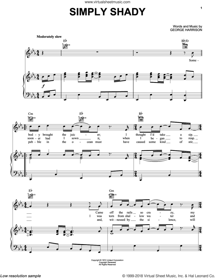 Simply Shady sheet music for voice, piano or guitar by George Harrison, intermediate skill level