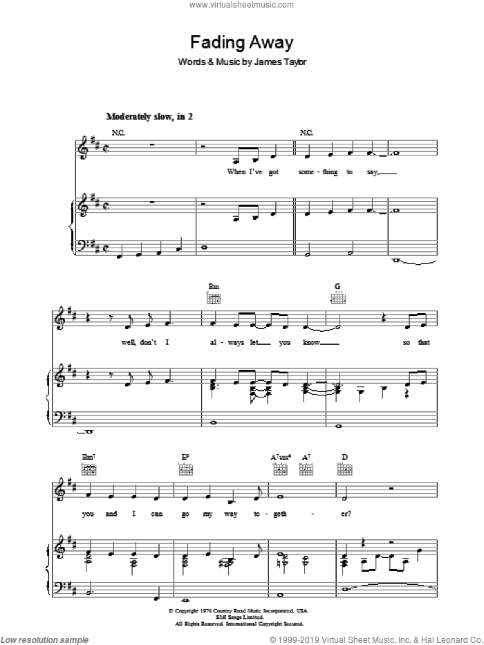 Fading Away sheet music for voice, piano or guitar by James Taylor, intermediate skill level