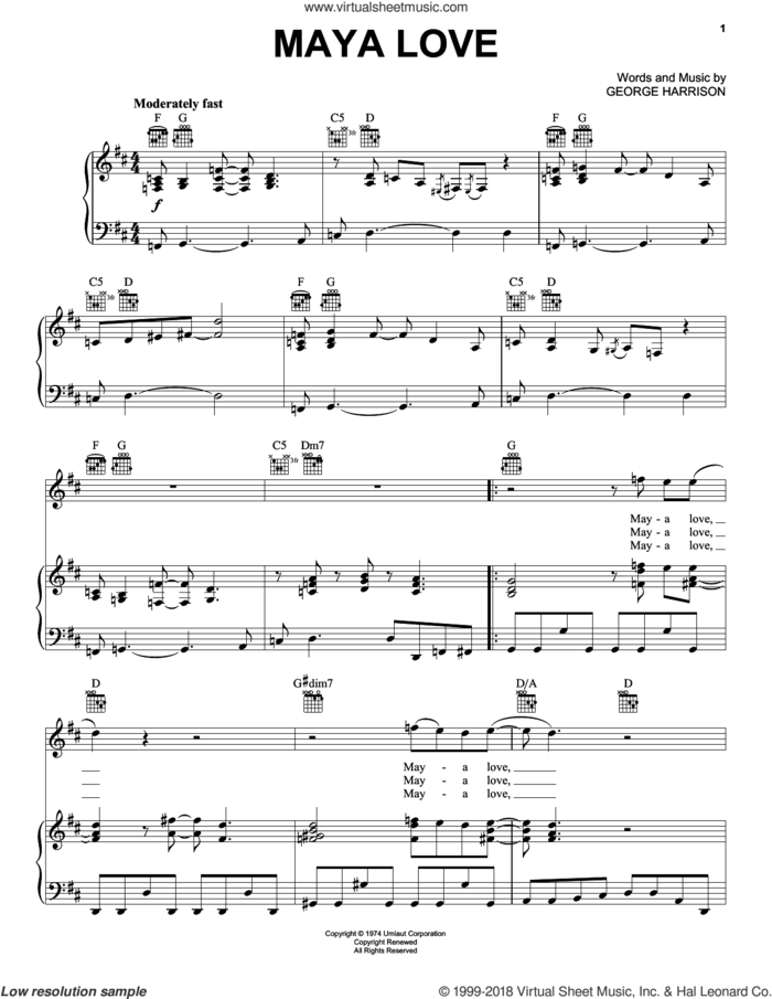 Maya Love sheet music for voice, piano or guitar by George Harrison, intermediate skill level