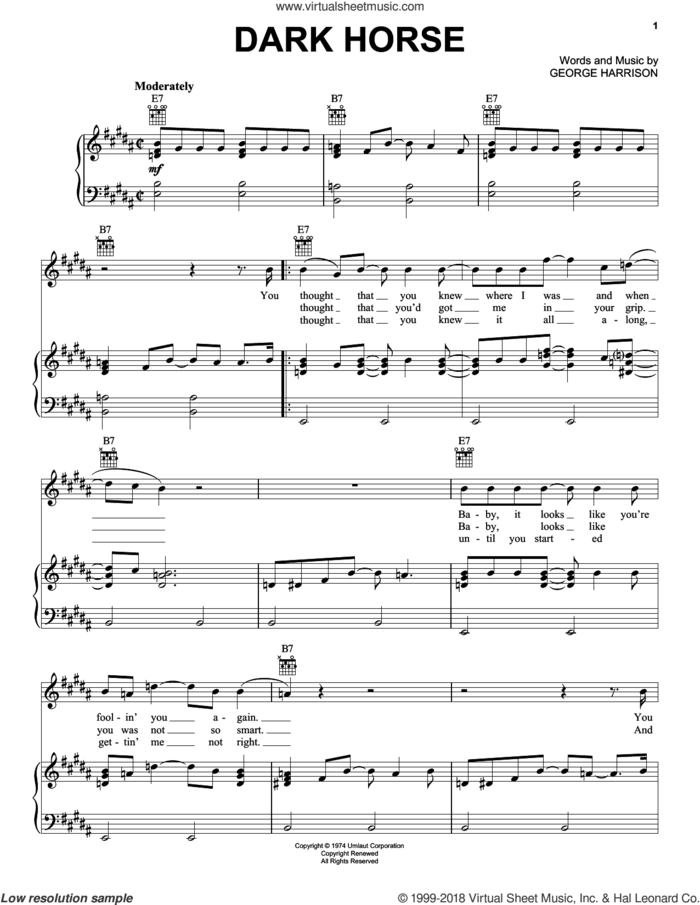 Dark Horse sheet music for voice, piano or guitar by George Harrison, intermediate skill level