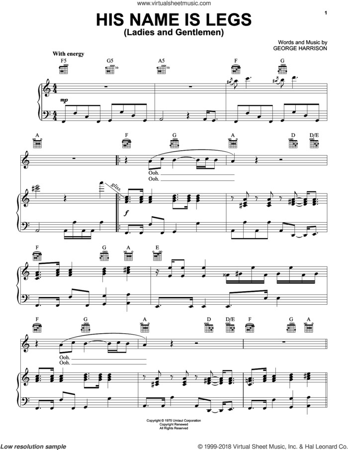 His Name Is Legs (Ladies And Gentlemen) sheet music for voice, piano or guitar by George Harrison, intermediate skill level