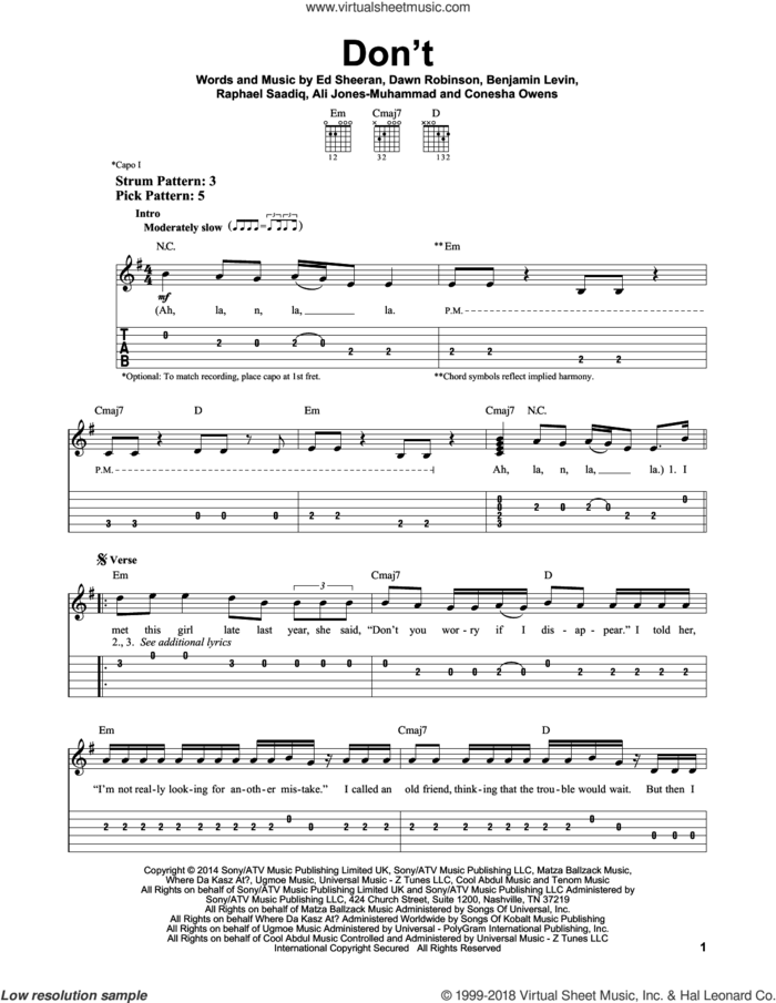 Don't sheet music for guitar solo (easy tablature) by Ed Sheeran, Ali Jones-Muhammad, Benjamin Levin, Conesha Owens, Dawn Robinson and Raphael Saadiq, easy guitar (easy tablature)