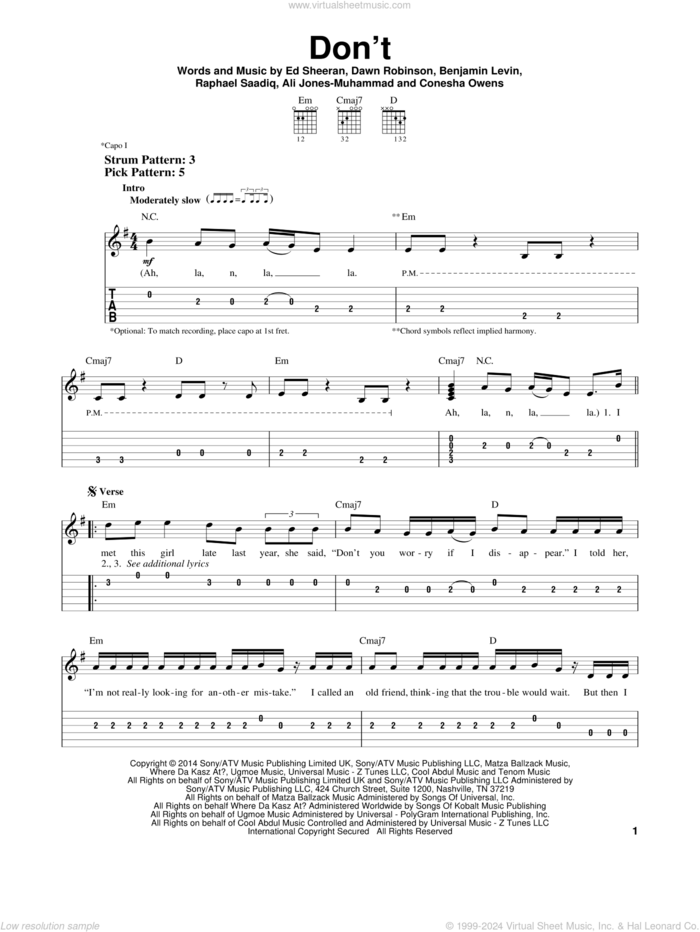 Don't sheet music for guitar solo (easy tablature) by Ed Sheeran, Ali Jones-Muhammad, Benjamin Levin, Conesha Owens, Dawn Robinson and Raphael Saadiq, easy guitar (easy tablature)