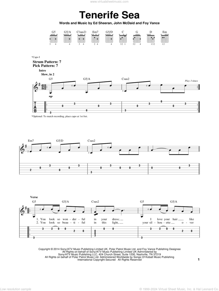 Tenerife Sea sheet music for guitar solo (easy tablature) by Ed Sheeran, Foy Vance and John McDaid, easy guitar (easy tablature)