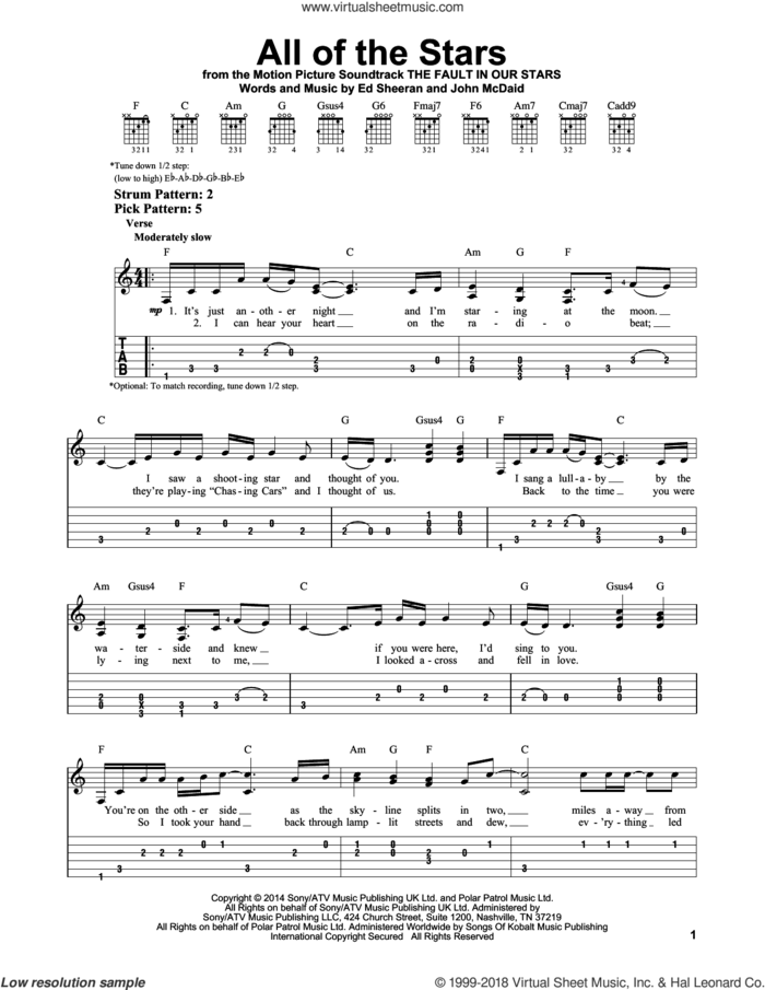 All Of The Stars sheet music for guitar solo (easy tablature) by Ed Sheeran and John McDaid, easy guitar (easy tablature)