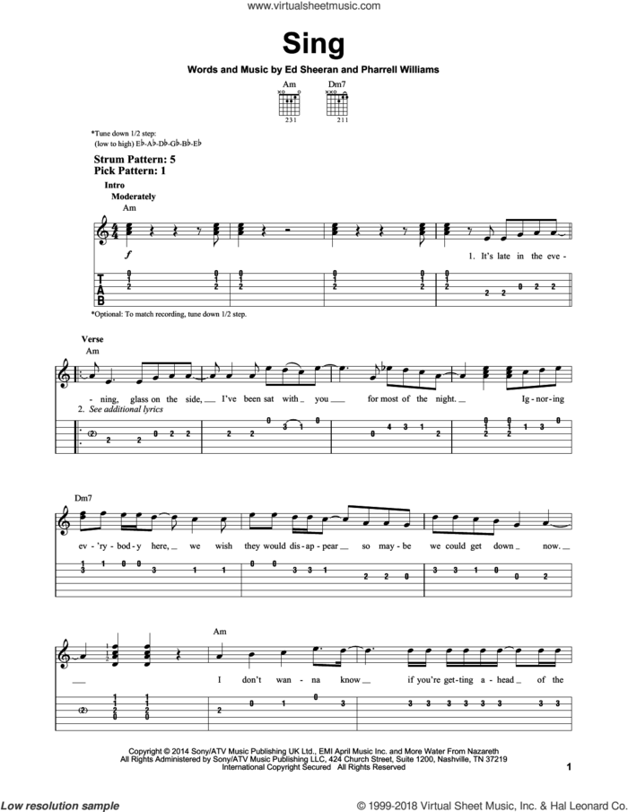 Sing sheet music for guitar solo (easy tablature) by Ed Sheeran and Pharrell Williams, easy guitar (easy tablature)