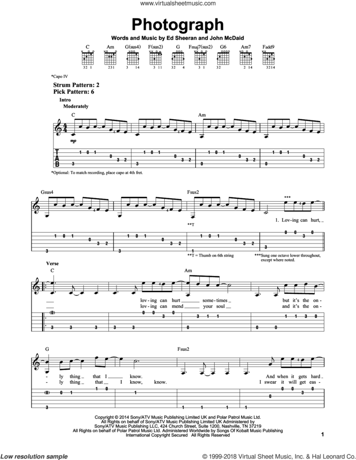 Photograph sheet music for guitar solo (easy tablature) by Ed Sheeran and John McDaid, easy guitar (easy tablature)