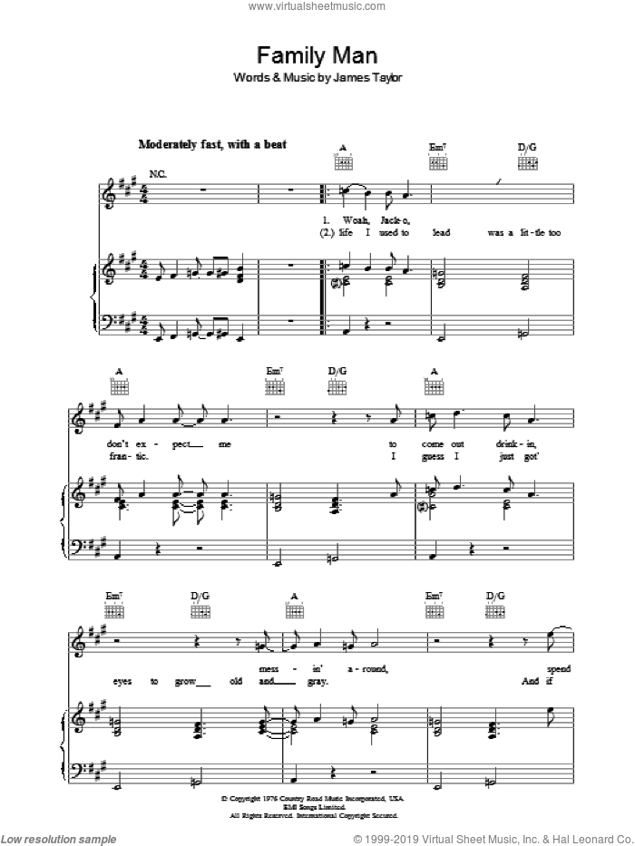 Family Man sheet music for voice, piano or guitar by James Taylor, intermediate skill level
