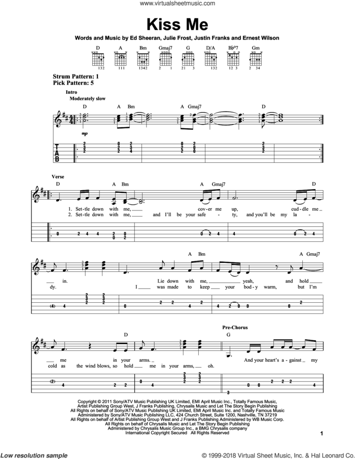 Kiss Me sheet music for guitar solo (easy tablature) by Ed Sheeran, Ernest Wilson, Julie Frost and Justin Franks, easy guitar (easy tablature)