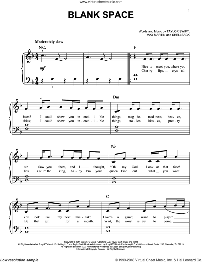 Blank Space, (beginner) sheet music for piano solo by Taylor Swift, Johan Schuster, Max Martin and Shellback, beginner skill level