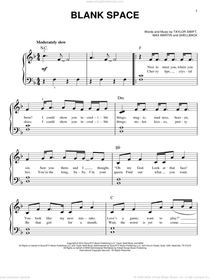 Blank Space, (beginner) sheet music for piano solo by Taylor Swift, Johan Schuster, Max Martin and Shellback, beginner skill level