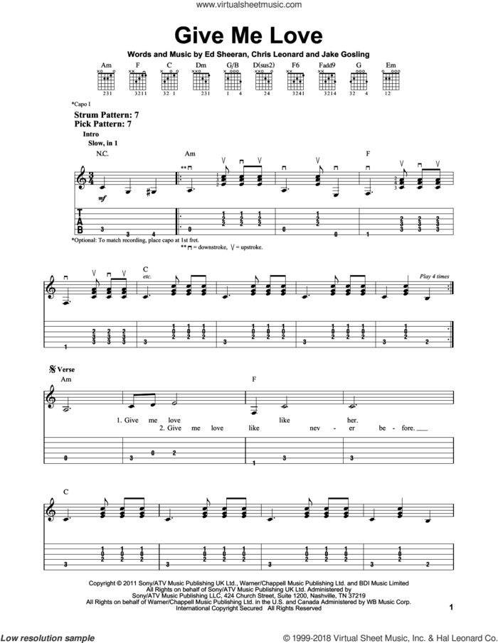 Give Me Love sheet music for guitar solo (easy tablature) by Ed Sheeran, Chris Leonard and Jake Gosling, easy guitar (easy tablature)