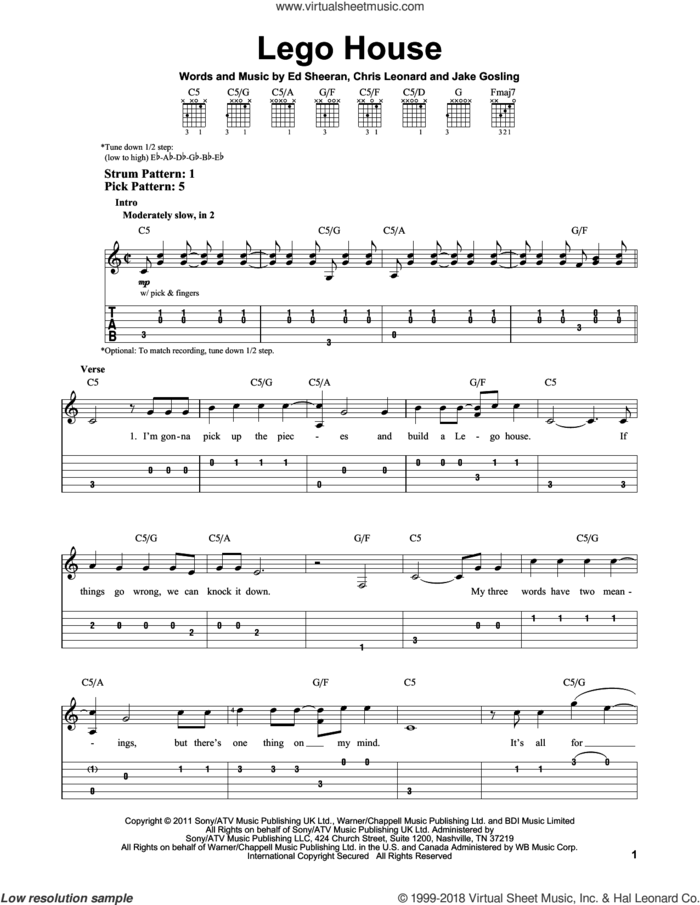 Lego House sheet music for guitar solo (easy tablature) by Ed Sheeran, Chris Leonard and Jake Gosling, easy guitar (easy tablature)