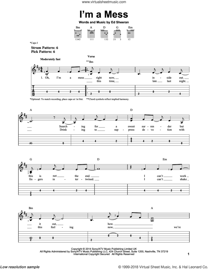 I'm A Mess sheet music for guitar solo (easy tablature) by Ed Sheeran, easy guitar (easy tablature)