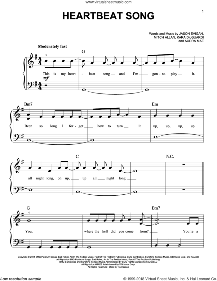 Heartbeat Song sheet music for piano solo by Kelly Clarkson, Audra Mae, Jason Evigan, Kara DioGuardi and Mitch Allan, beginner skill level