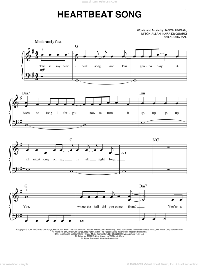 Heartbeat Song sheet music for piano solo by Kelly Clarkson, Audra Mae, Jason Evigan, Kara DioGuardi and Mitch Allan, beginner skill level