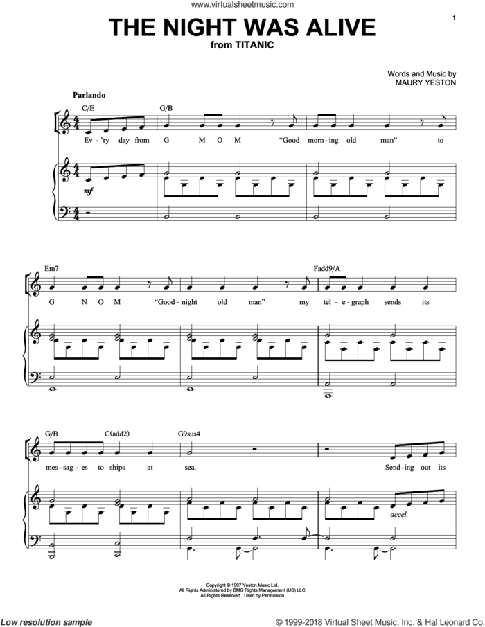 The Night Was Alive sheet music for voice, piano or guitar by Maury Yeston, intermediate skill level