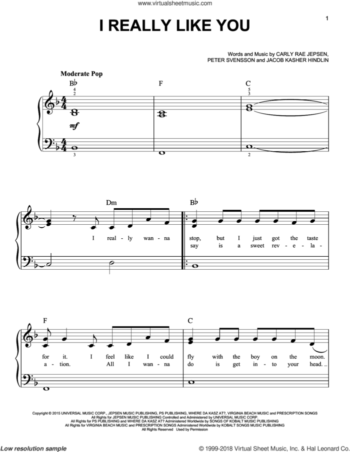 I Really Like You sheet music for piano solo by Carly Rae Jepsen, Jacob Kasher Hindlin and Peter Svensson, beginner skill level