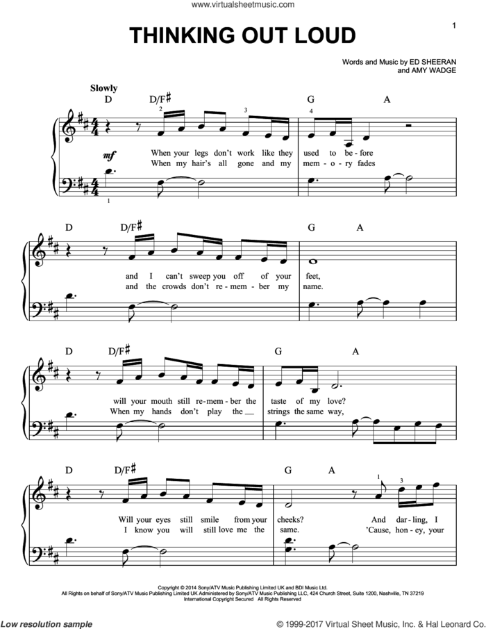 Thinking Out Loud, (easy) sheet music for piano solo by Ed Sheeran and Amy Wadge, wedding score, easy skill level